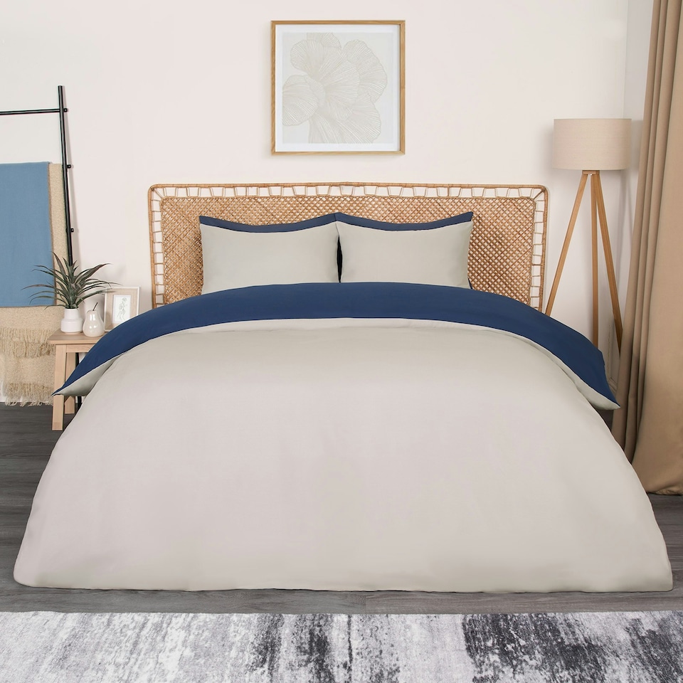 image 1 of OHS Microfibre Reversible Plain Duvet Cover and Pillowcase Set, Single - Grey/Navy Blue