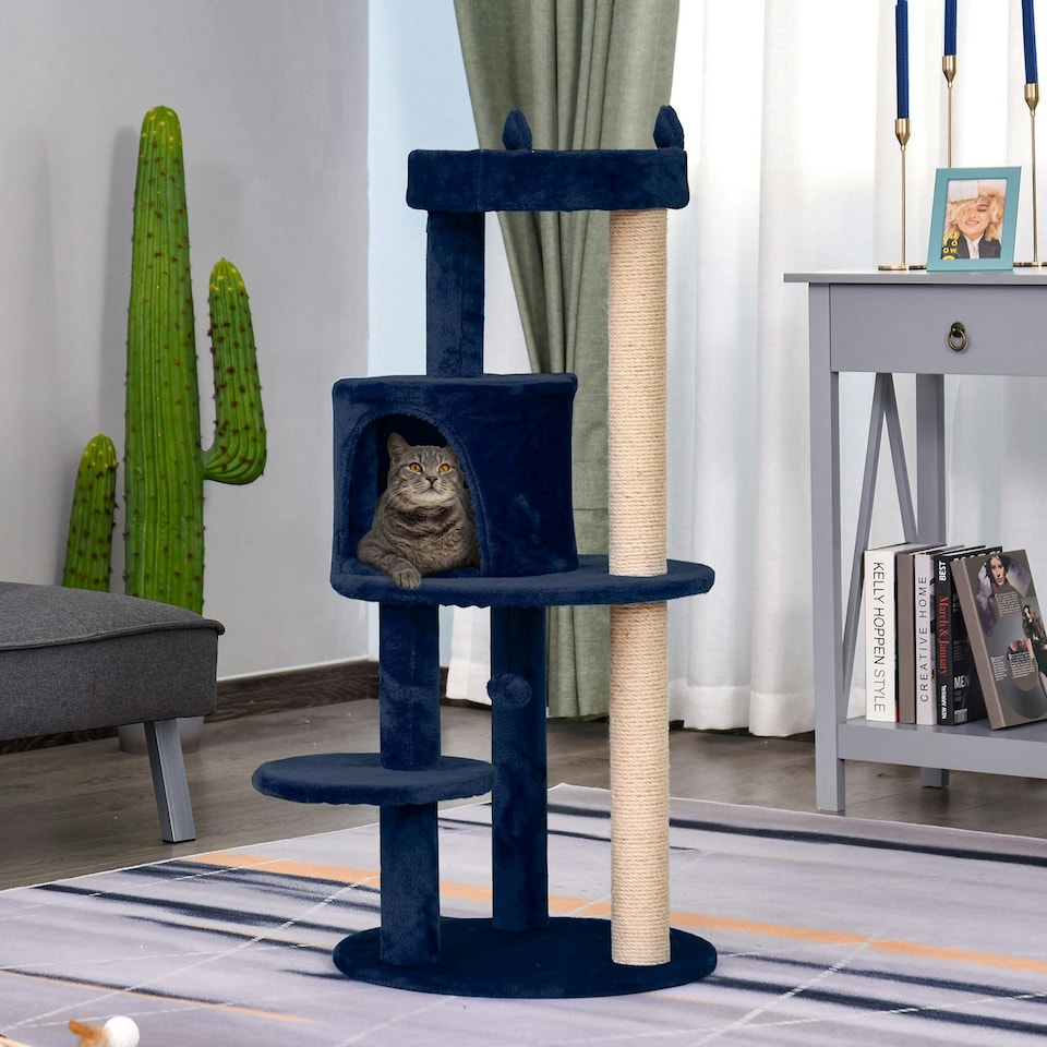 image 1 of PawHut 104cm Cat Tree Condo Tower with Scratching Post Perch Ball, Blue