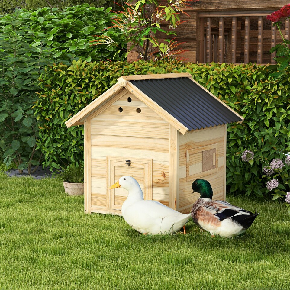 image 1 of PawHut Wooden Duck House, Poultry Coop with Double Doors, Openable Roof
