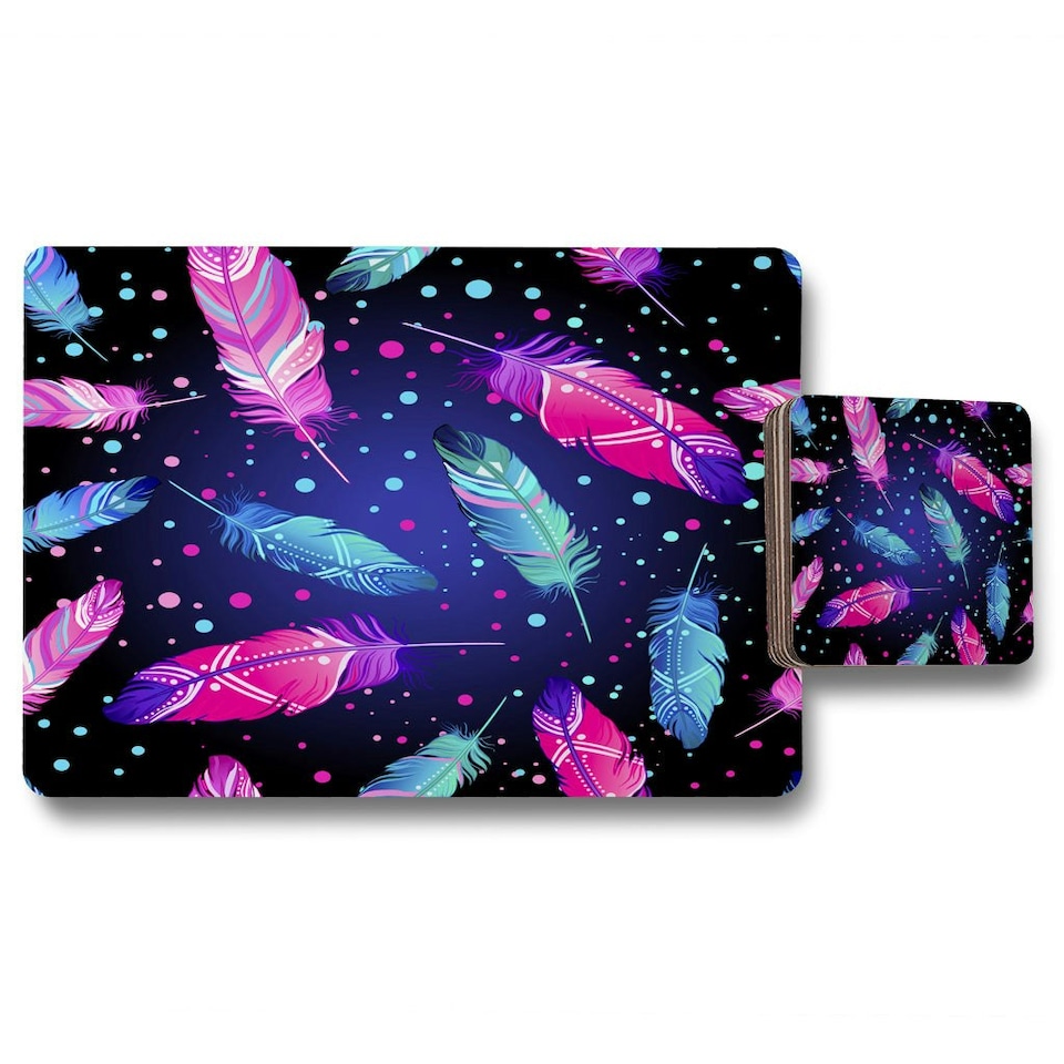 Painted bird feathers (Placemat & Coaster Set)