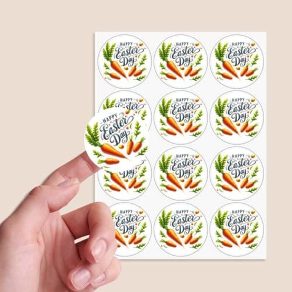 image 1 of Happy Easter Carrots Round Stickers 60mm - Sheet of 12