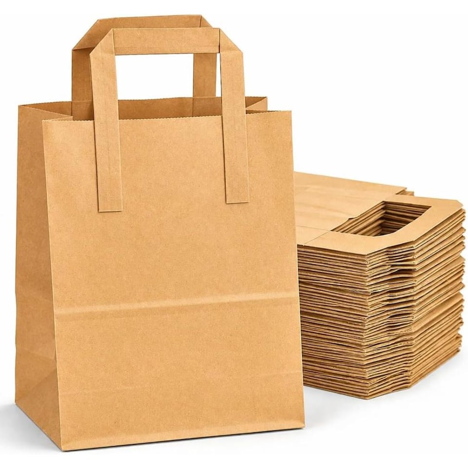 image 1 of ECONX Medium Brown Kraft Paper Bags With Handles 250pcs Biodegradable SOS Takeaway Party Carrier Bags