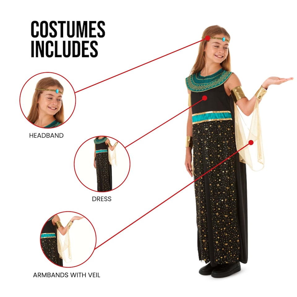 image 1 of Girls Cleopatra Costume Ancient Egyptian Fancy Dress Kids Childrens Outfit Medium 8-10 Years