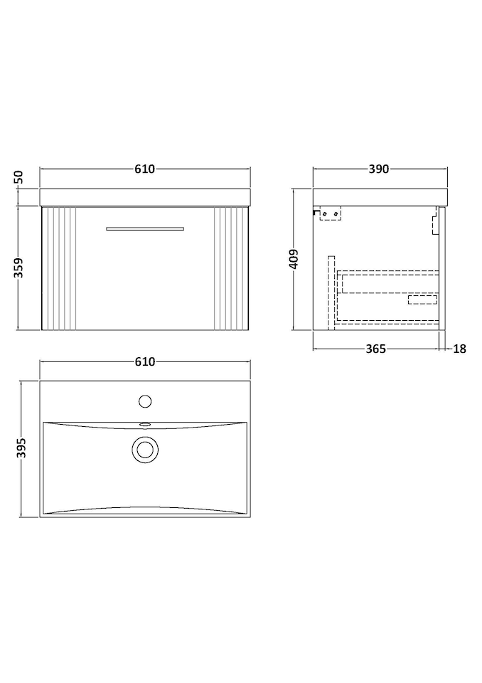 image 1 of Balterley Partial Fluted 1 Drawer Wall Hung Vanity Unit with 1 Tap Hole Thin-Edge Basin | Grey | Satin Grey