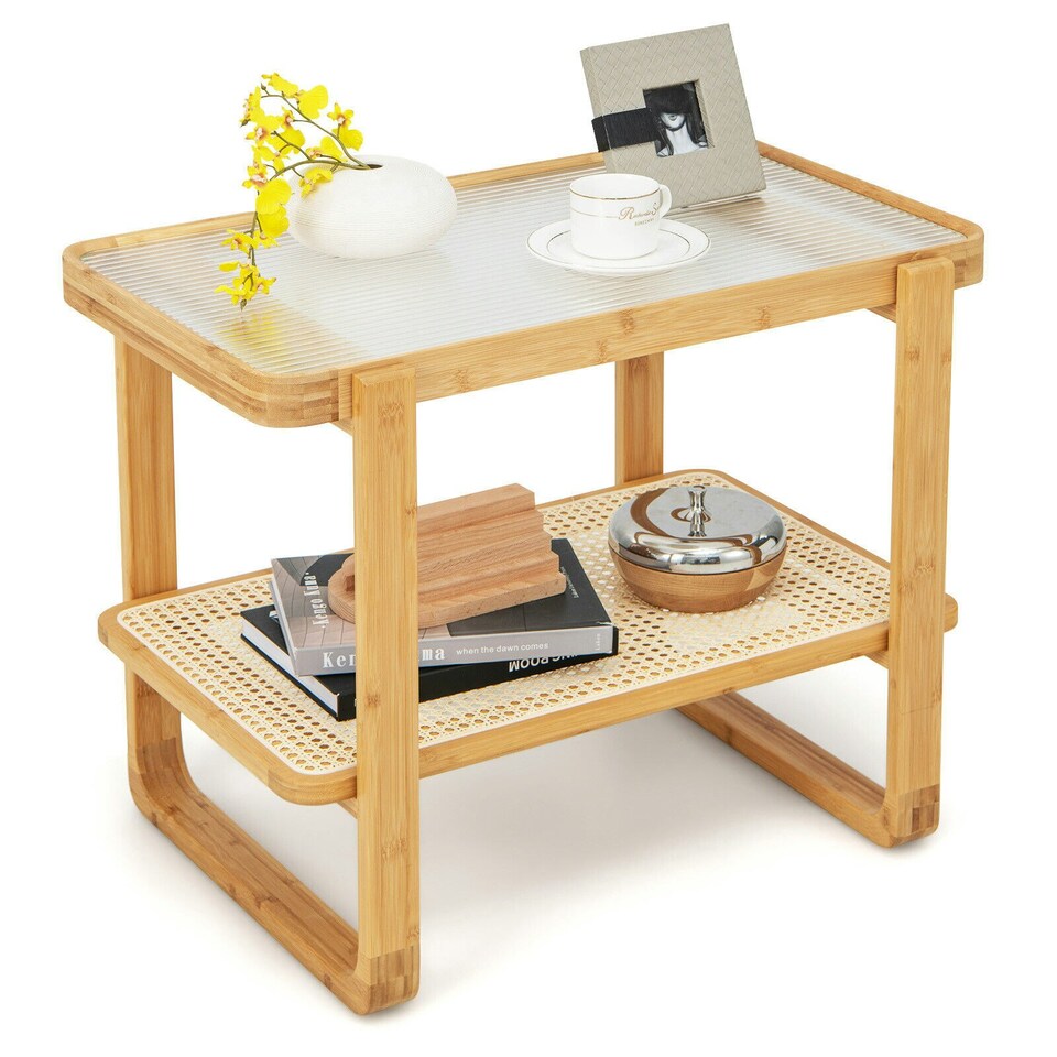 image 1 of COSTWAY Side Table Tempered Glass Top Sofa End Table Yellow