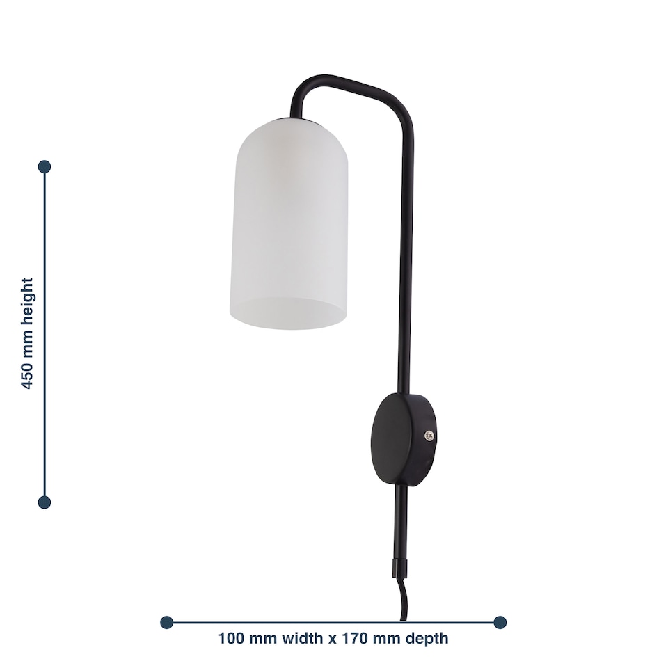 image 1 of Set of 2 Victoria - Black Plug in Wall Lights Frosted Glass Shades | Black | White | 2