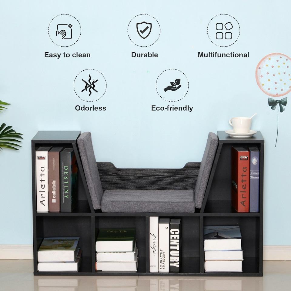 image 1 of HOMCOM Cube Bookshelf Organizer with Reading Seat, Six Cubes, Black