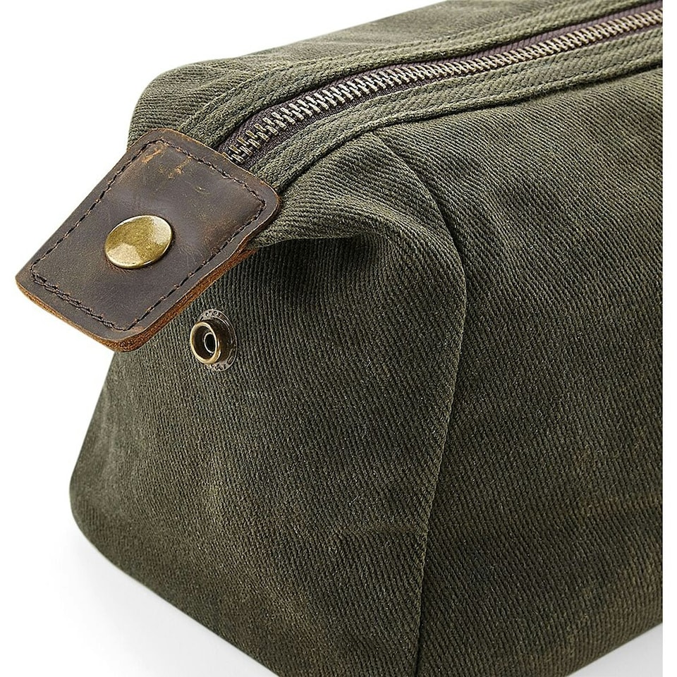 image 1 of Quadra Heritage Leather Accented Waxed Canvas Wash Bag - Olive Green - One Size | Green