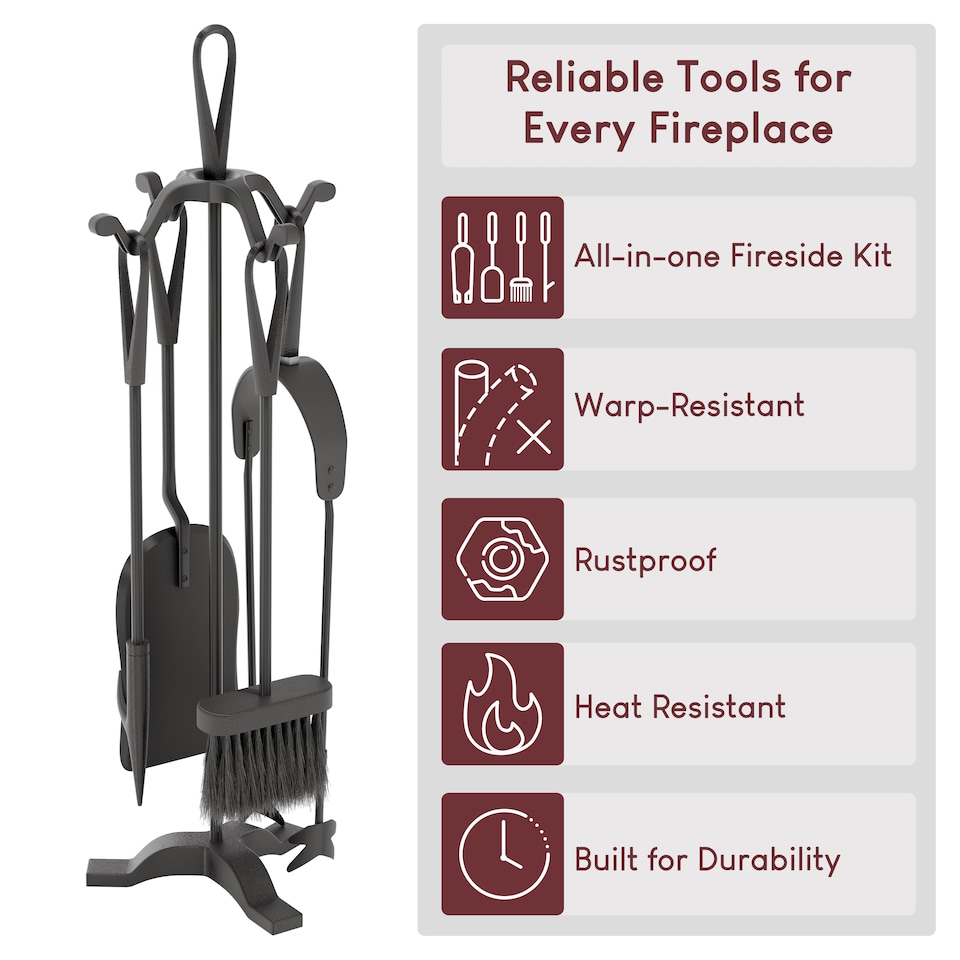 image 1 of Fire Vida 5 Piece Buxton Companion Set Fireside Fireplace Accessory, Black