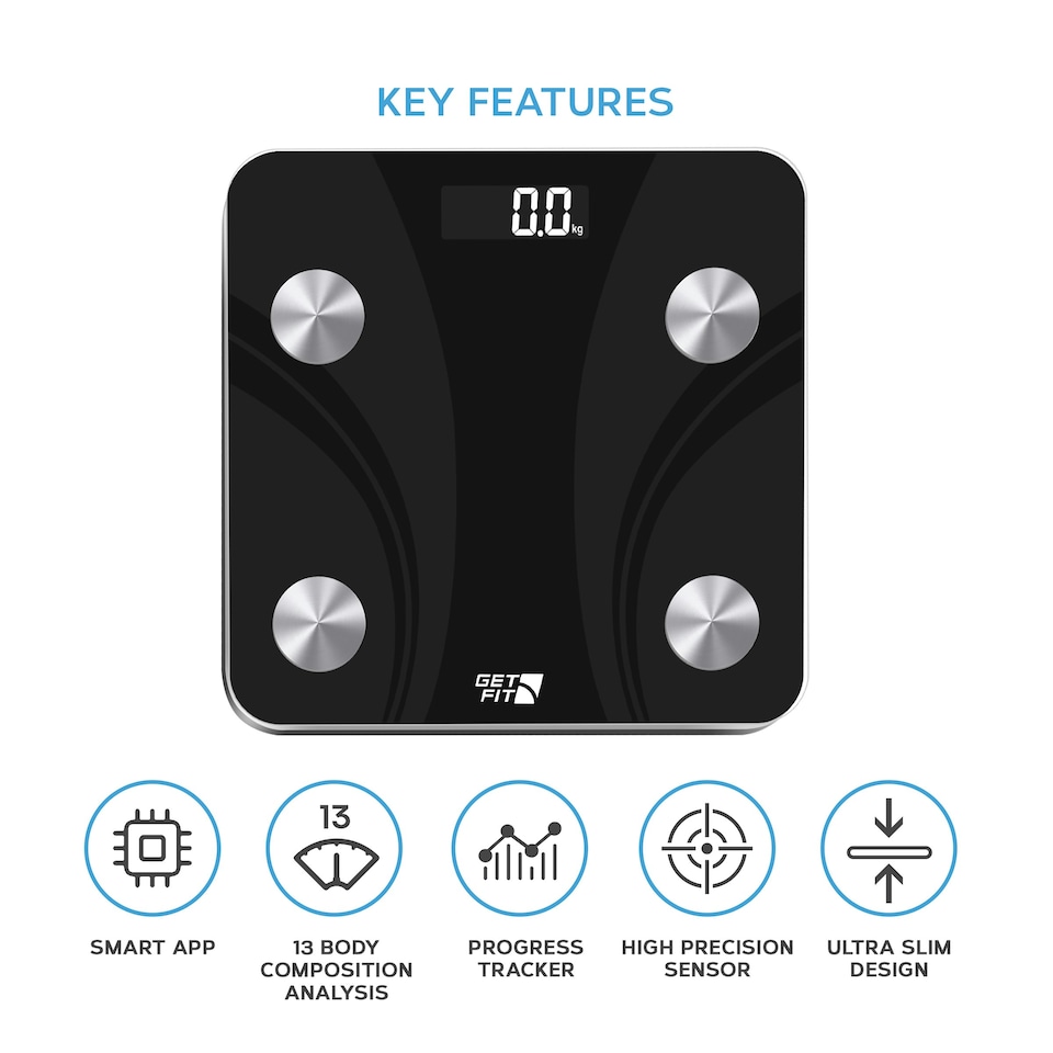image 1 of Get Fit Smart Bathroom Scales - Monitor Weight Loss Digital Body Weighing Scale - Connect to IOS/Android via Bluetooth, LCD Display & Automatic On/Off - Black