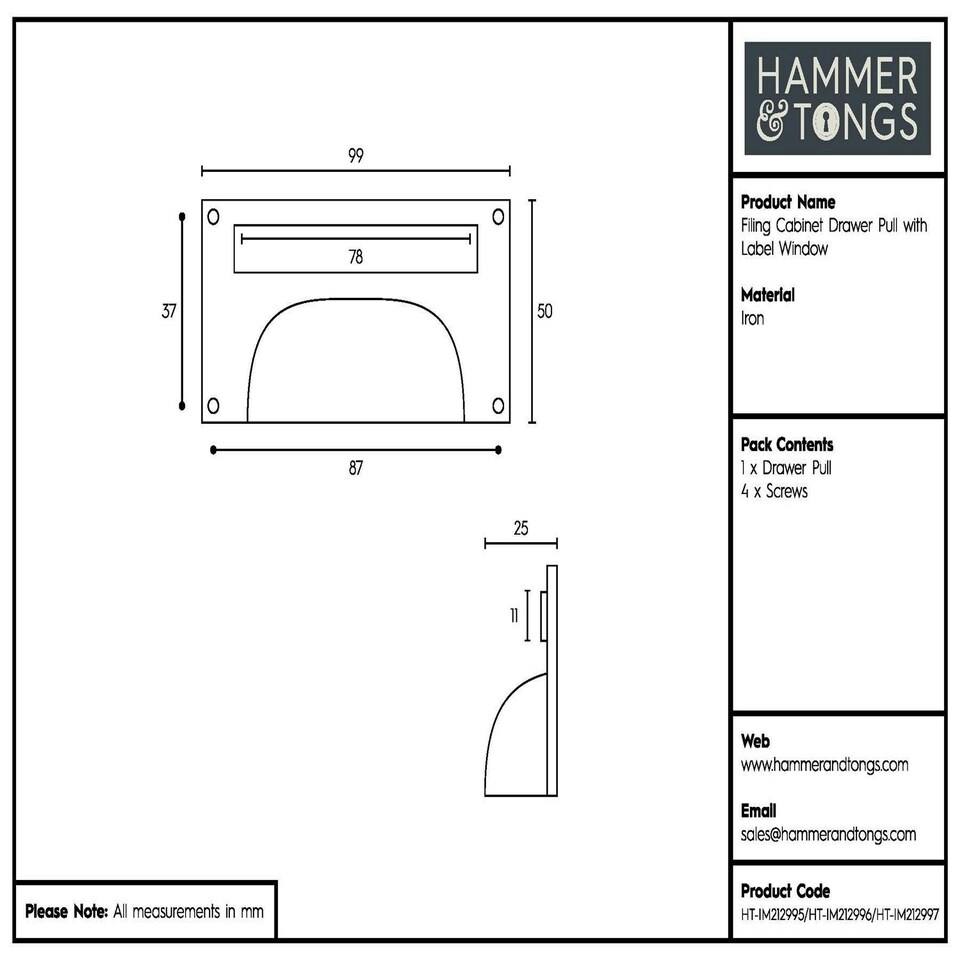 image 1 of Hammer & Tongs Filing Cabinet Drawer Pull with Card Frame - W100mm x H50mm - Black Black