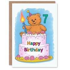 Teddy Bear Cake Party Hat Cartoon Cute 7th 7 Year Old Child Kids Birthday Card