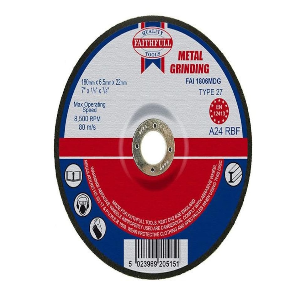 Faithfull Depressed Centre Metal Grinding Disc 180 X 6.5 X 22.23Mm