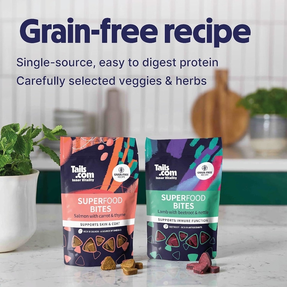 image 1 of 10 x 80g Tails.com Inner Vitality Superfood Bites Dog Treats Pouches - Salmon