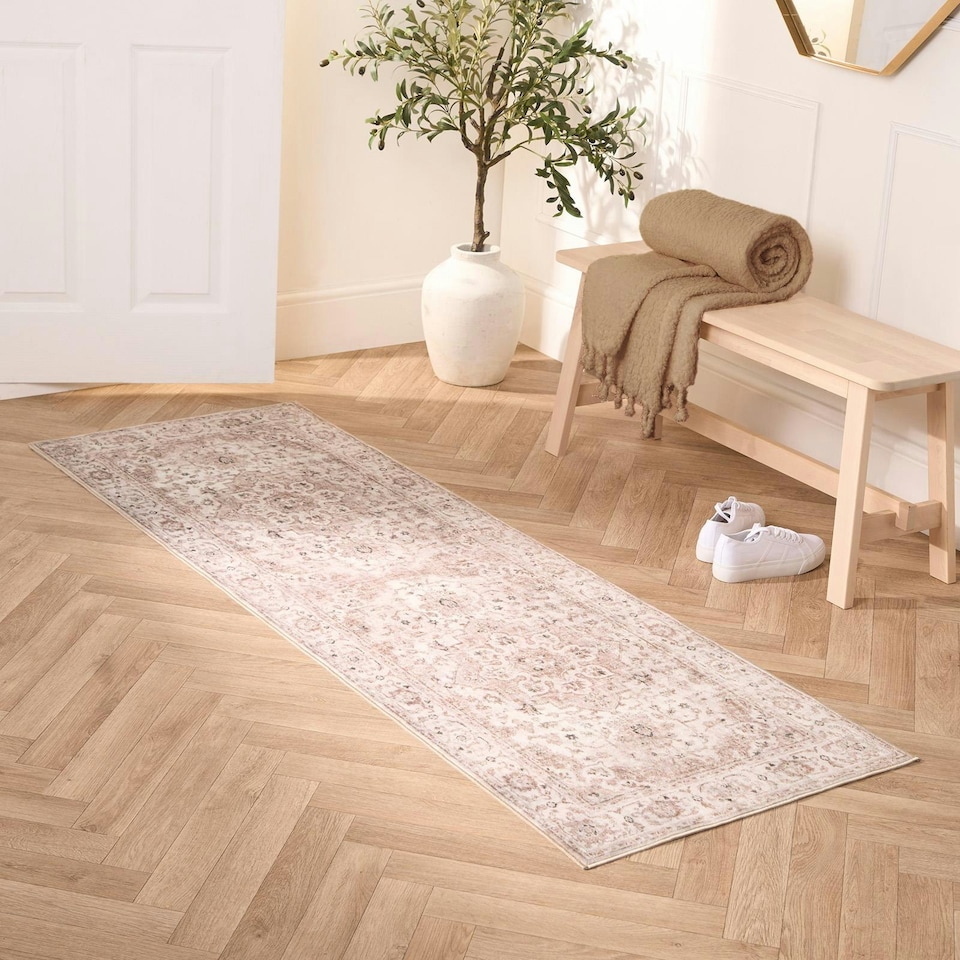 image 1 of OHS Vintage Print Washable Indoor Carpet Floor Rug Runner, 66x200cm - Natural Yellow | Natural | 66x200cm
