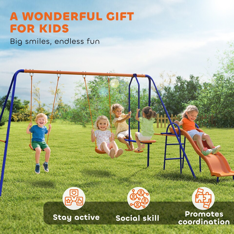 image 1 of Outsunny 4 in 1 Metal Kids Swing Set w Double Swings, Glider, Slide, Ladder