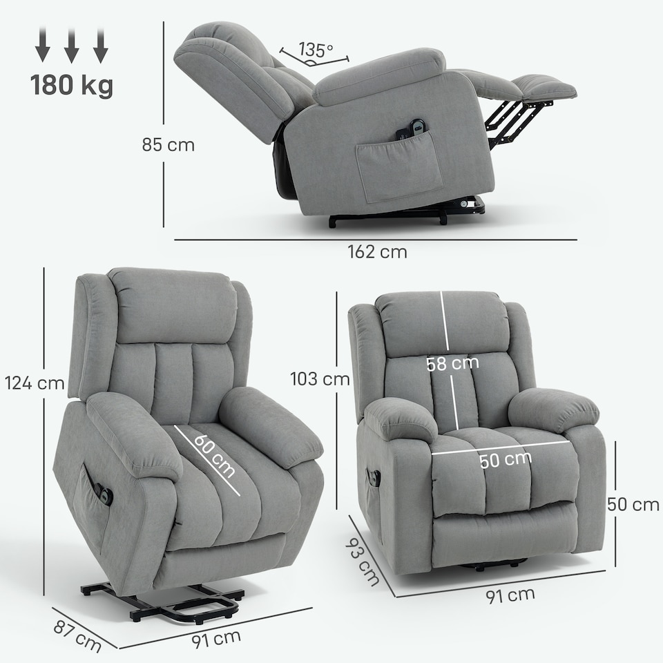 image 1 of HOMCOM Power Lift Recliner Chair with Massage, Linen Overstuffed Lift Chair for Elderly, Electric Recliner Armchair with Footrest, Remote Control and Side Pocket, for Living Room, Light Grey | Grey | Light Grey
