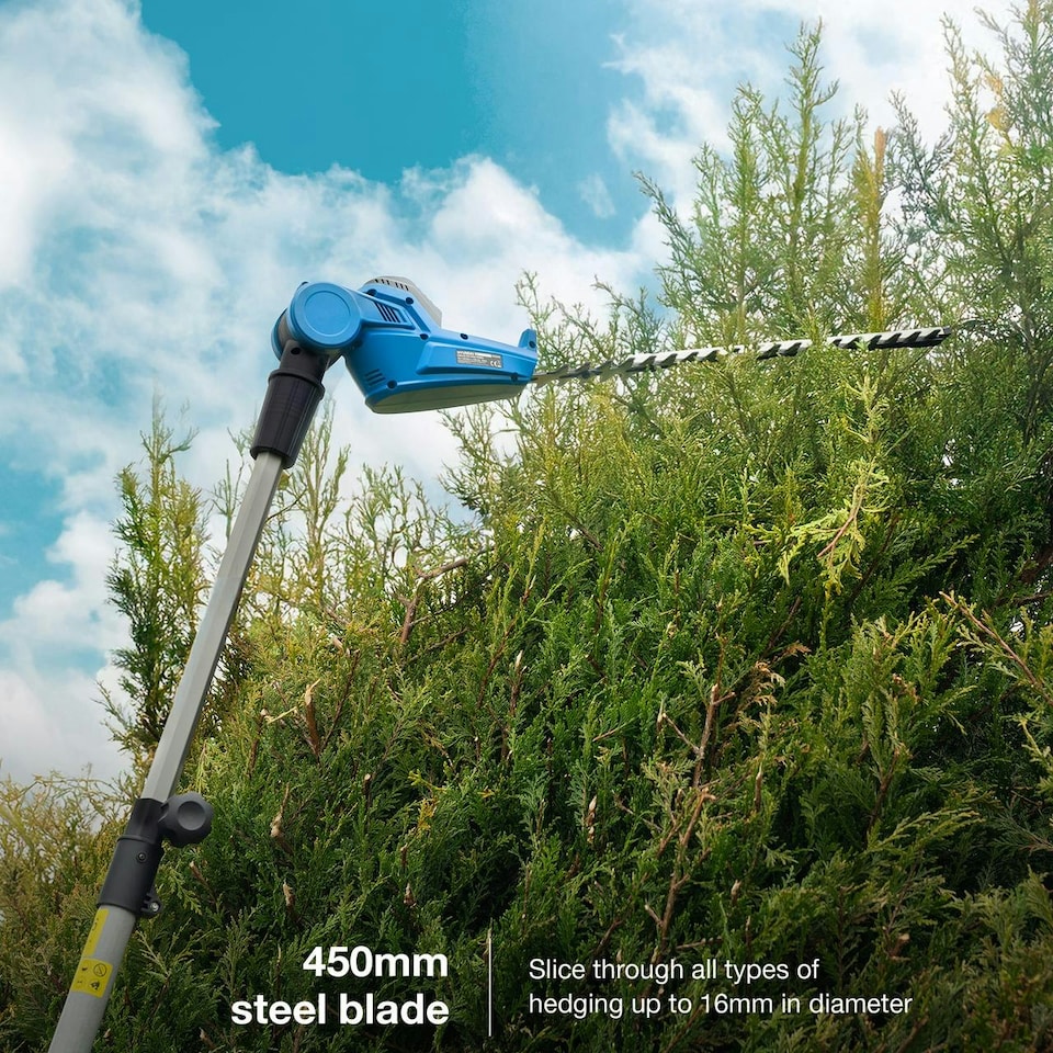 image 1 of Hyundai 20V 450mm Cordless Long Reach Pole Hedge Trimmer, 2.6m Long Reach, 2.0Ah li-ion Battery & Charger | HY20CPHT
