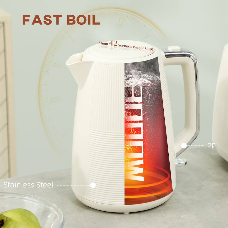 image 1 of HOMCOM Kettle and Toaster Set, 1.7L 3000W Fast Boil Kettle & 2 Slice Toaster Kitchen Set with 7 Level Browning Controls, Defrost, Reheat, Boil-dry Protection, Cream White