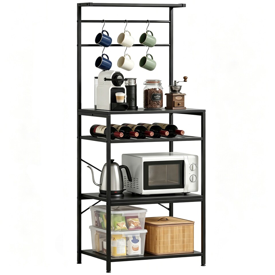 image 1 of HOMCOM Freestanding Shelving Unit with 6 Hooks and Wine Rack