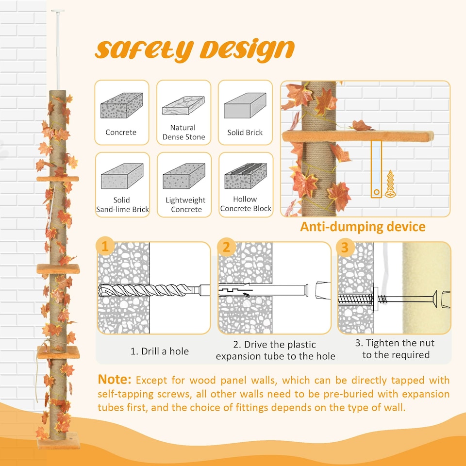 image 1 of PawHut 242cm Floor to Ceiling Cat Tree with Leaves, Scratching Post, Orange