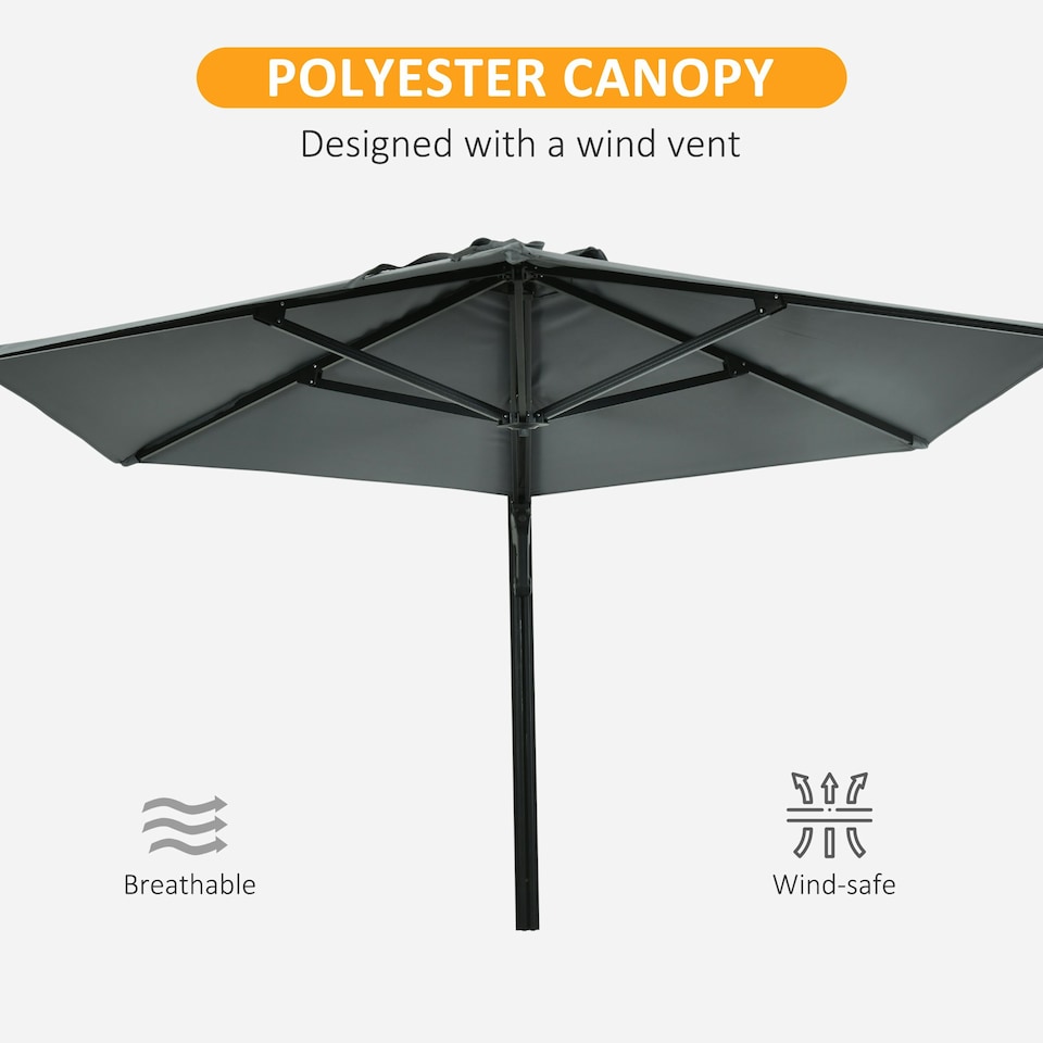 image 1 of Outsunny Wall-Mounted Parasol Patio Umbrella with Hand to Push System Grey