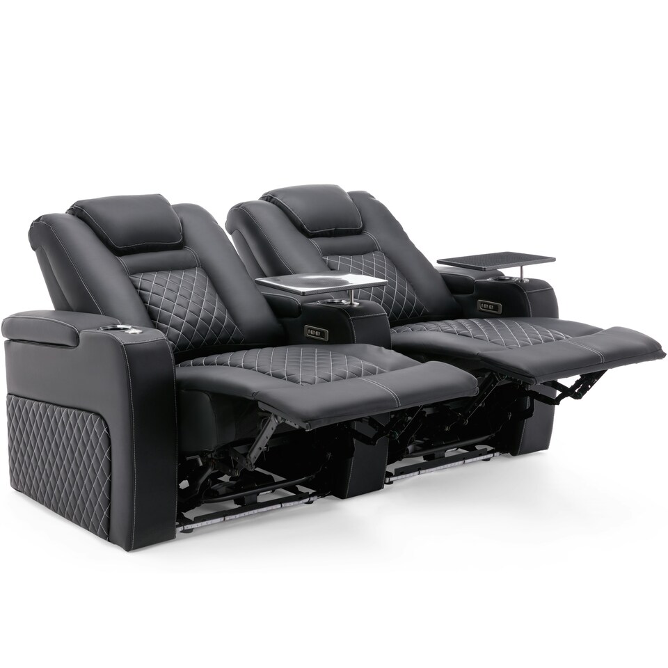 image 1 of Broadway 2 Seater Cinema Electric Recliner Chair USB LED Base w Tray (Black w White stitching)