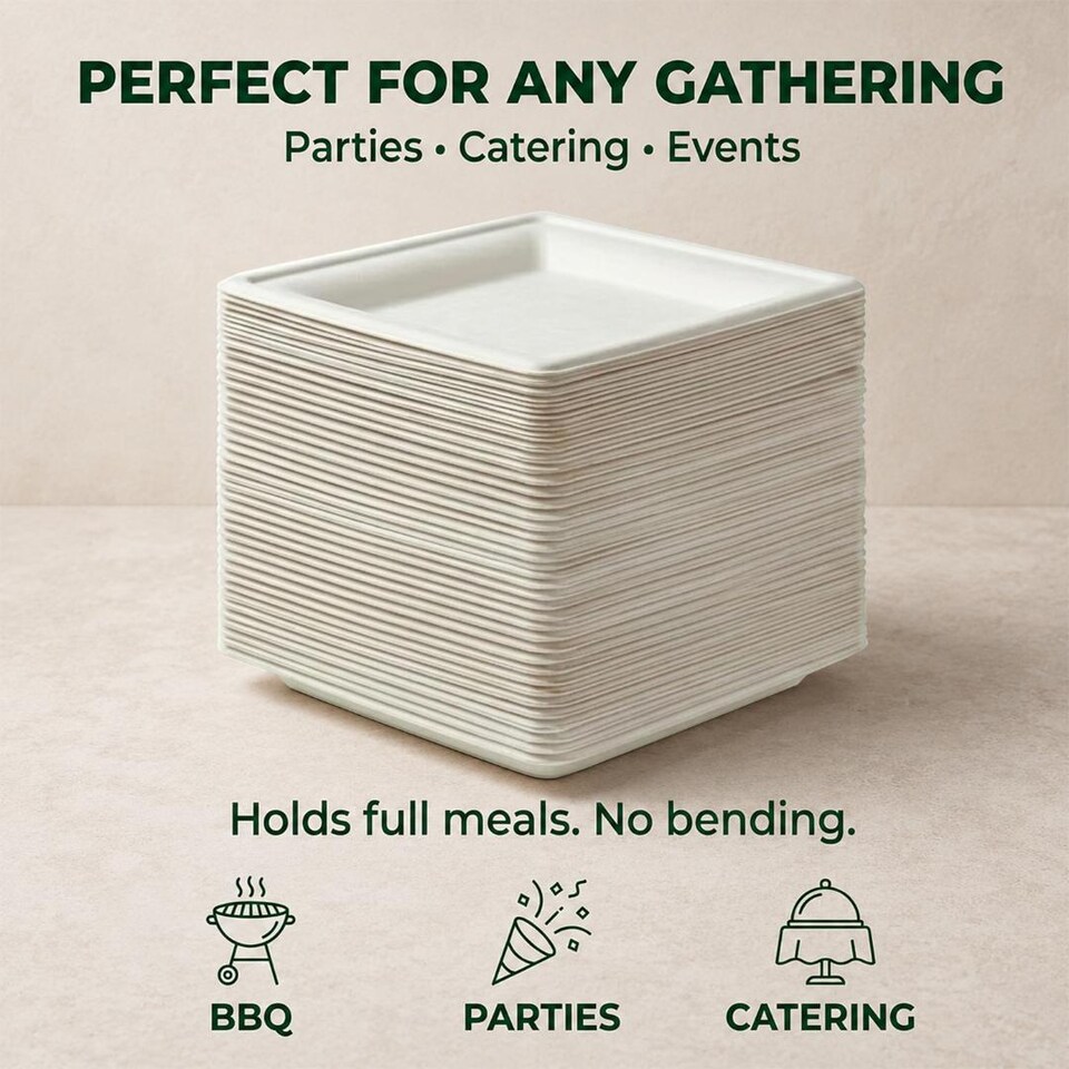 image 1 of ECONX 10 Inch Large Square Disposable Bagasse Plates Biodegradable Strong Paper Plates 50pk