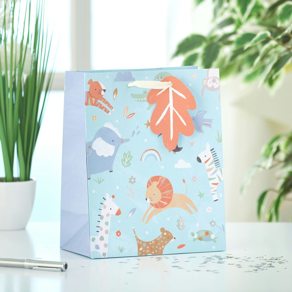 image 1 of Multipack of 3 Medium Gift Bags | Party Bags for Presents | New Baby Boy | For Parents | Cute Animals Design Blue