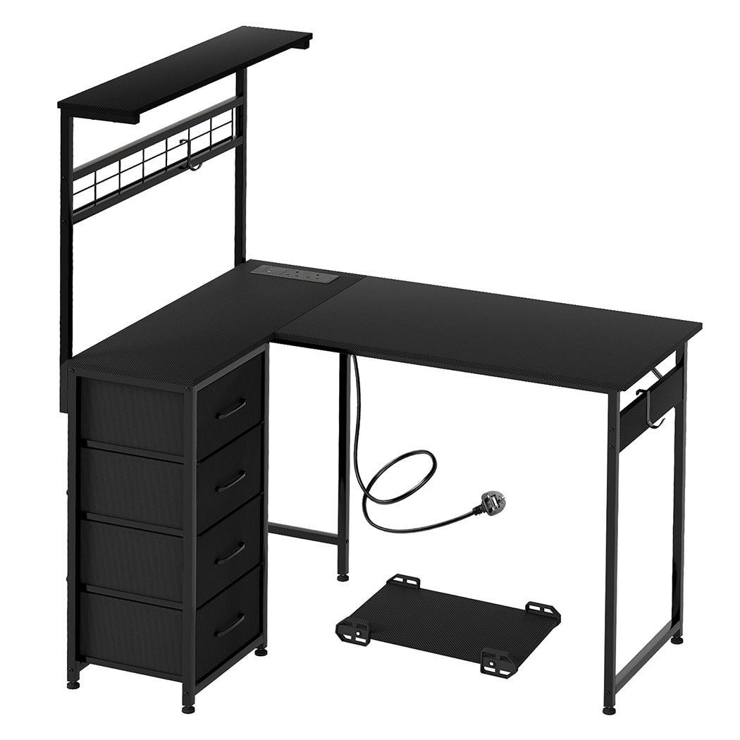 Levede L-Shaped Gaming Desk Office Computer Table Power Socket LED Drawers