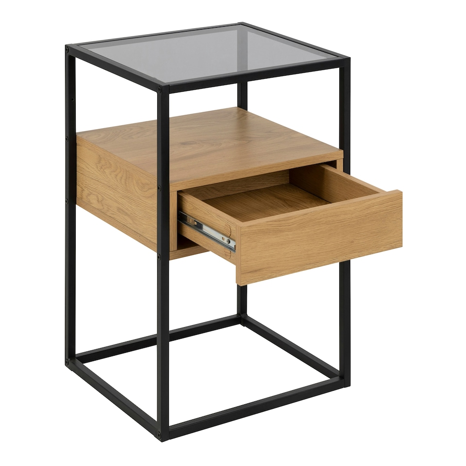 image 1 of Randolf Square Bedside Table with 1 Drawer in Black and Oak