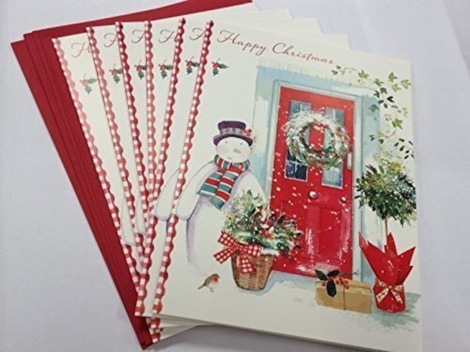 image 1 of Pack of 6 'Snowman At Red Door' Design Christmas Greeting Cards