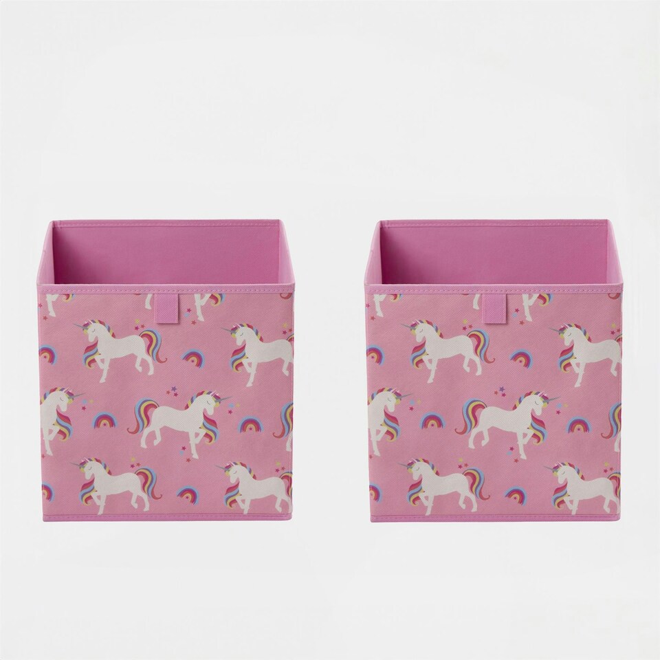 image 1 of OHS 2 Pack Folding Storage Unicorn Print Cubes Space Saving Home Bedroom Clothes Toy Organiser Pink