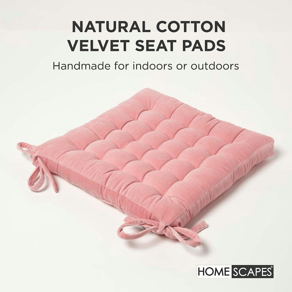 image 1 of Homescapes Set of 4 Seat Pad Cushion Luxury Cotton Velvet Indoor Outdoor Garden, 40 x 40cm Pink
