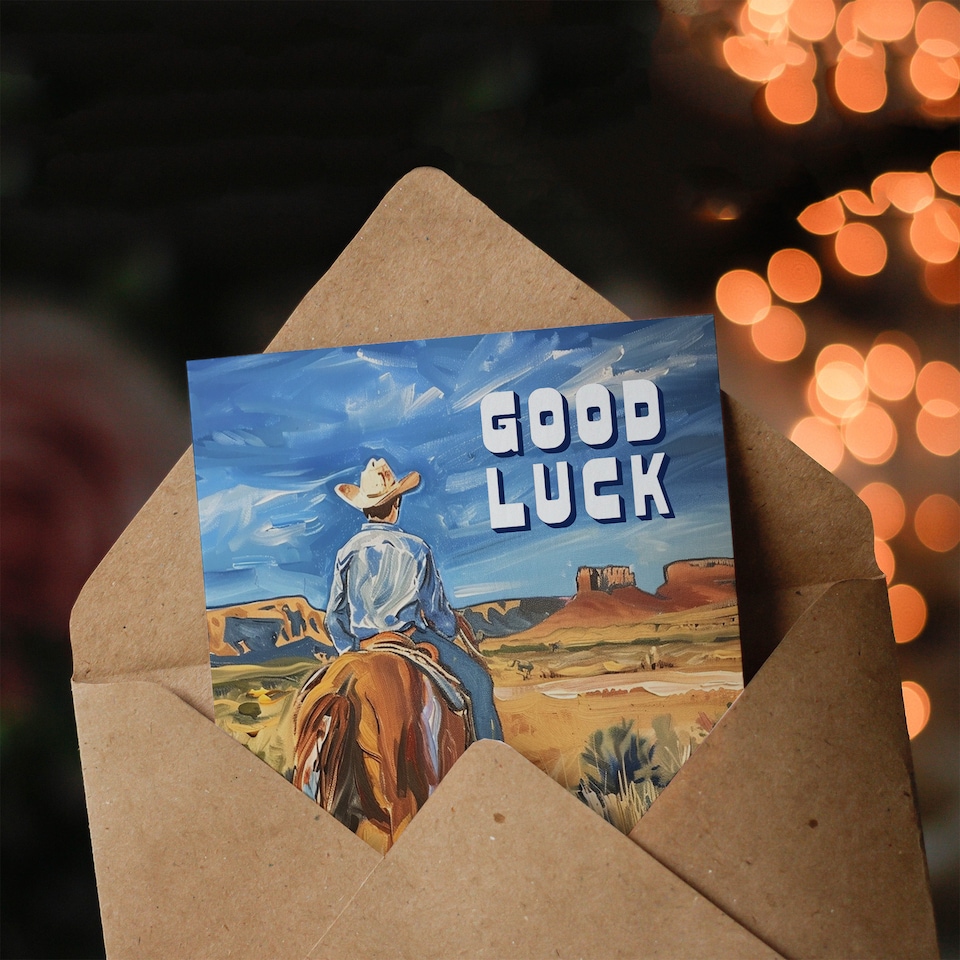 image 1 of Cowboy Riding Horse Arizona Wild West Landscape Good Luck Card
