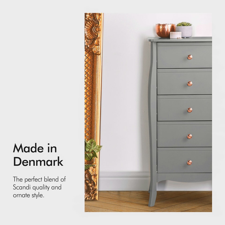image 1 of BTFY Grey Tall Chest of 5 Drawers with Baroque Design