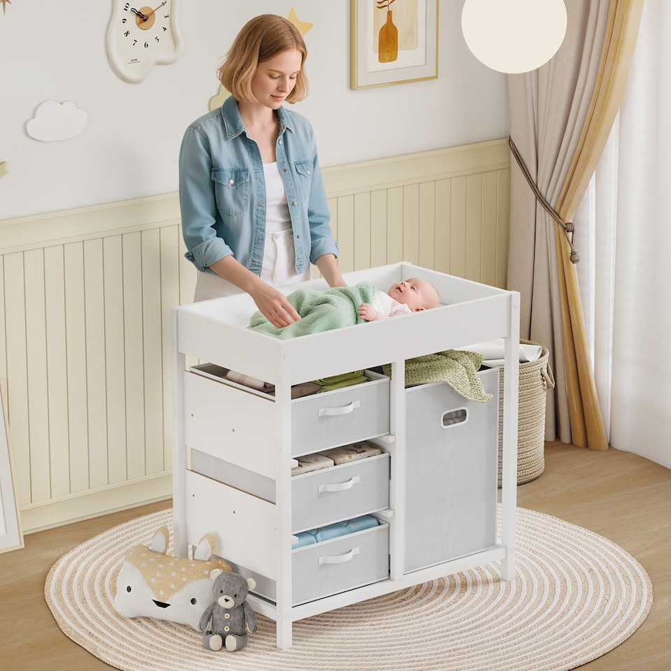 image 1 of AIYAPLAY Baby Changing Table with 4 Drawers, Nursery Diaper Baby Changing Unit for 0-12 Months (max. 11kg), with Mat, Infant Care Station for Bedroom Nursery | White