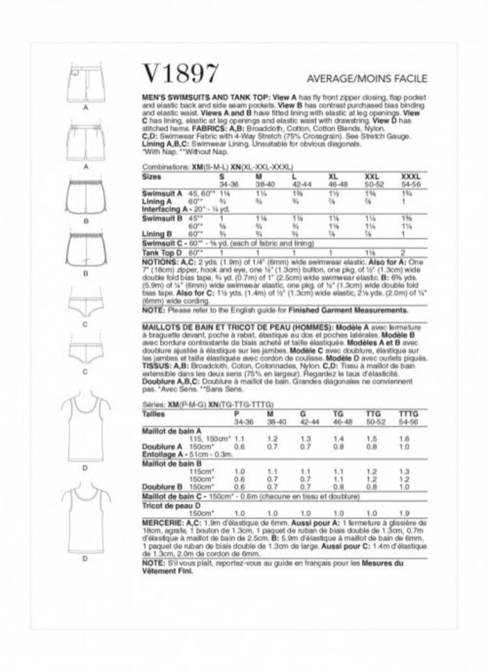 image 1 of Vogue 1897 Paper Sewing Pattern – Men’s Swimwear & Tops, Sizes Xm (S–M–L), Intermediate