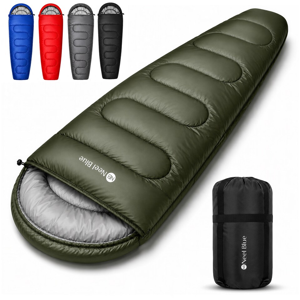 image 1 of 350GSM Mummy Waterproof Sleeping Bag with Hood, 6ft Adults - 3-4 Season