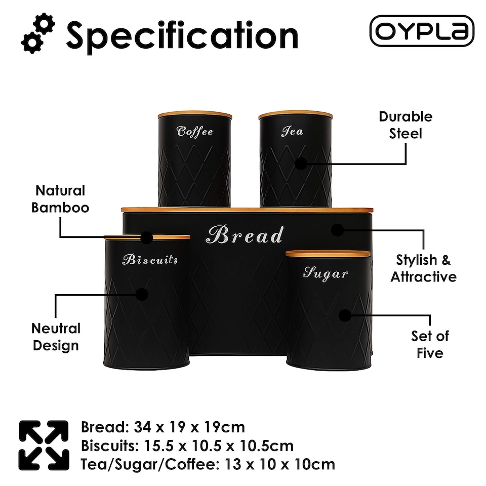 image 1 of 5pc Black Bamboo Lid Kitchen Canister Set Bread Biscuits Tea Sugar Coffee | Black