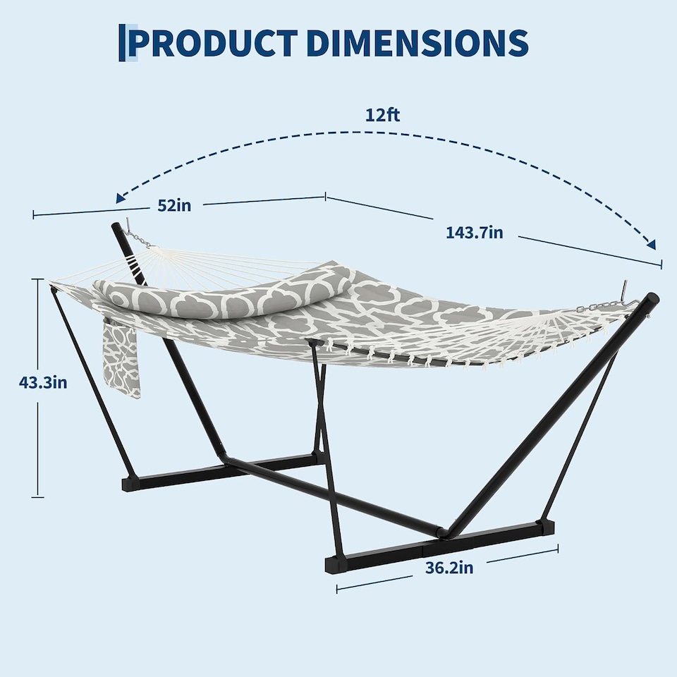 image 1 of London Boutique 12FT Double Hammock with Stand, Garden Hammock with Pillow and Balance Ropes, Grey