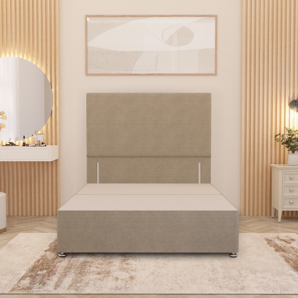 image 1 of Divan Bed Base with 4 Drawers & Plain Floor Standing Headboard Tweed Fabric | Brown | Natural