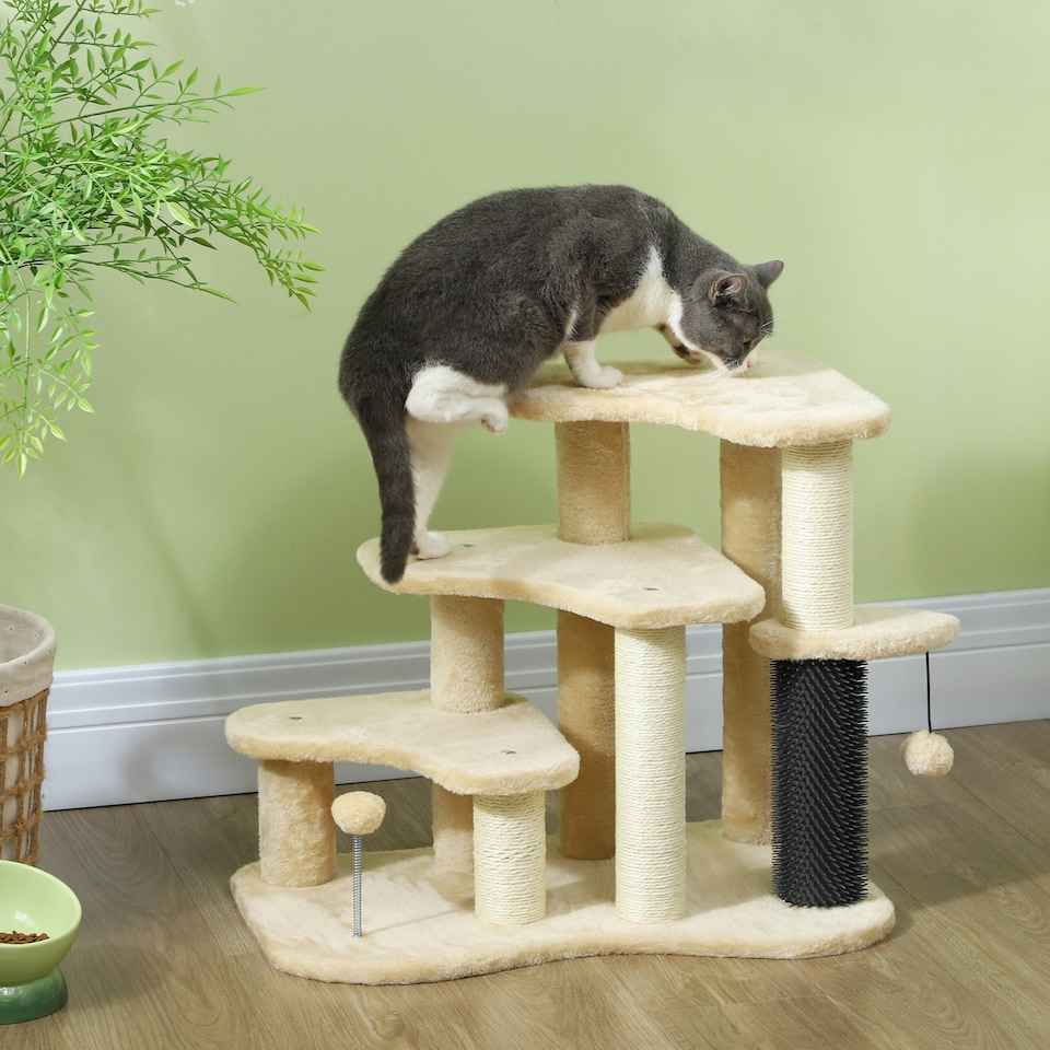 image 1 of PawHut Dog Cat Stairs Pet Steps for Bed Sofa with Scratching Post Beige