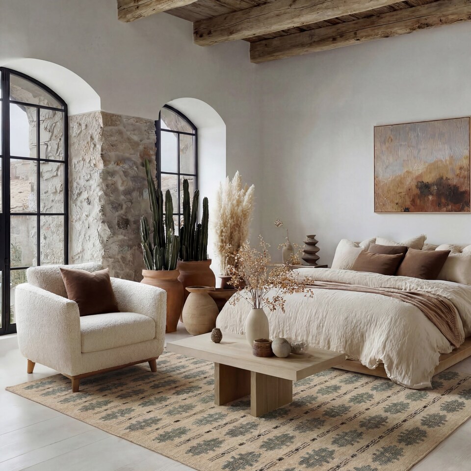 image 1 of KUKOON Beige Green Washable Jute Style Distressed Aztec Living Room Area Rug 120cm x 170cm