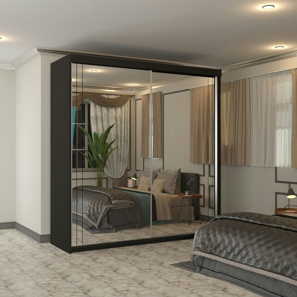 image 1 of Full Mirror Sliding Door Wardrobe in White, Black & Grey Colors - 203cm Black | 203cm