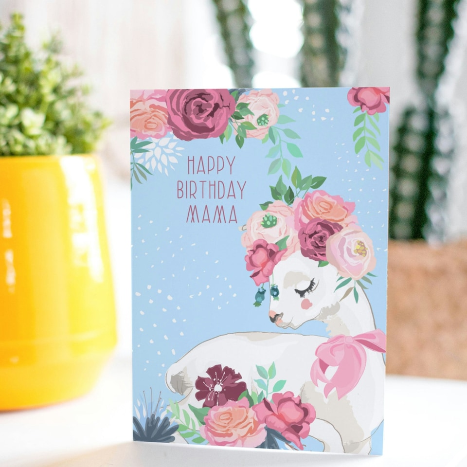 image 1 of Blue Happy Birthday Mama Llama with Rose Flowers Greeting Card