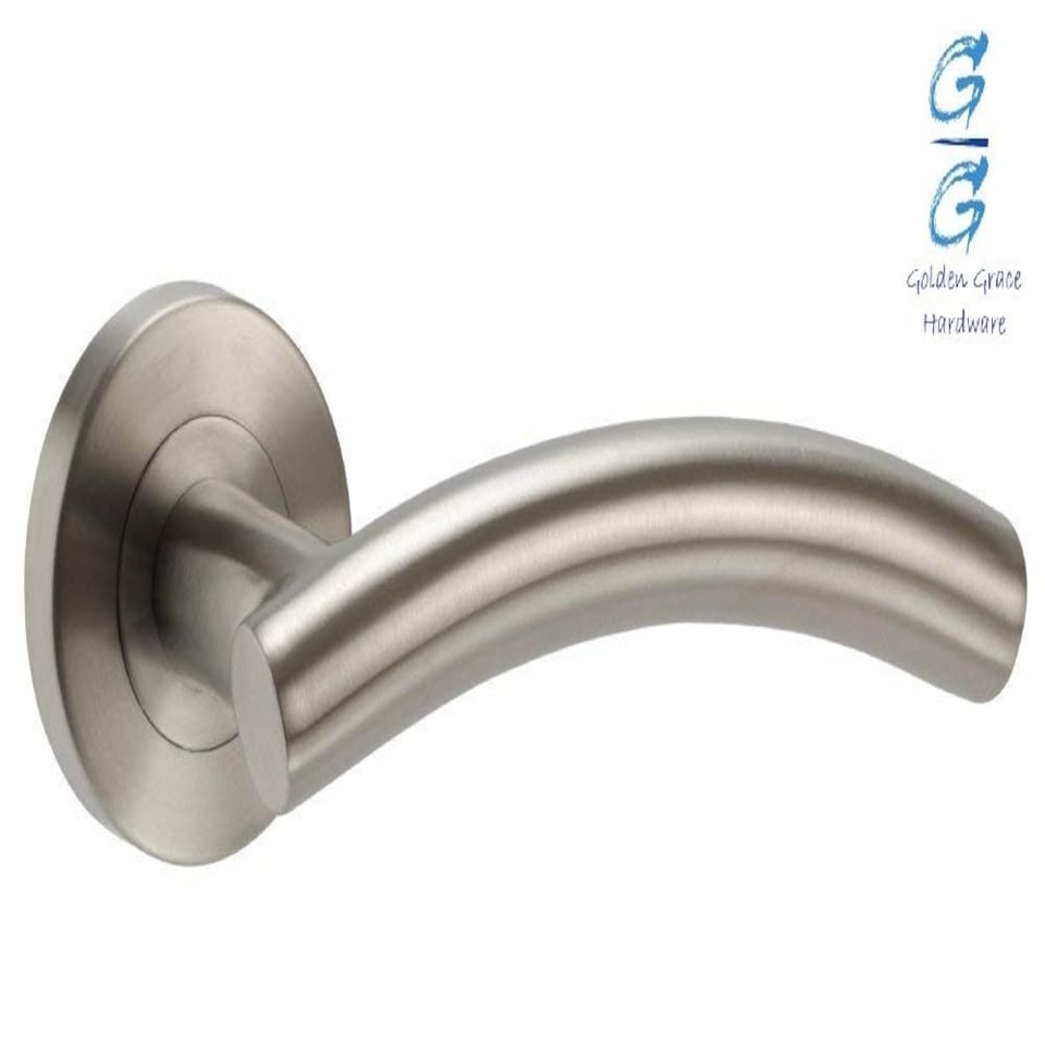 image 1 of Golden Grace 5 Sets Arched T-Bar Door Handles on Round Rose in Satin Nickel Finish with Latch and Ball Bearing Hinges | Silver | 5 Set