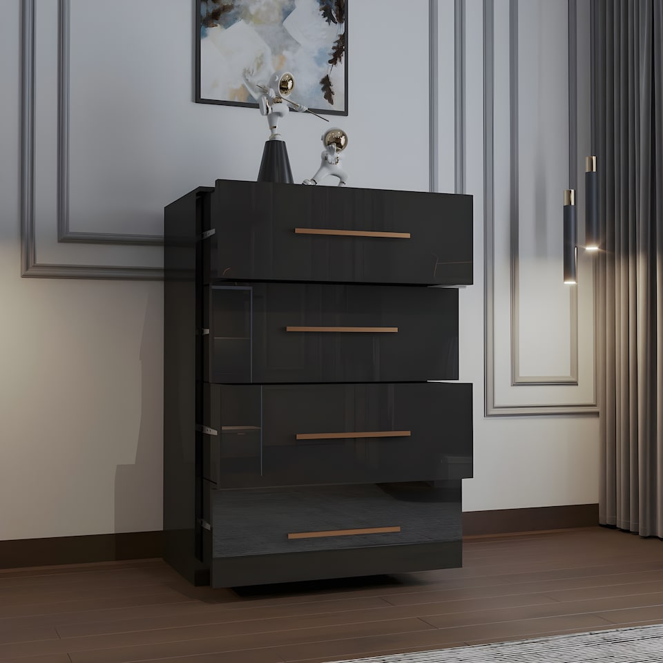 image 1 of High Gloss Chest Drawer Modern Bedroom Furniture Storage Cabinet with Handles-Black 4 Drawers