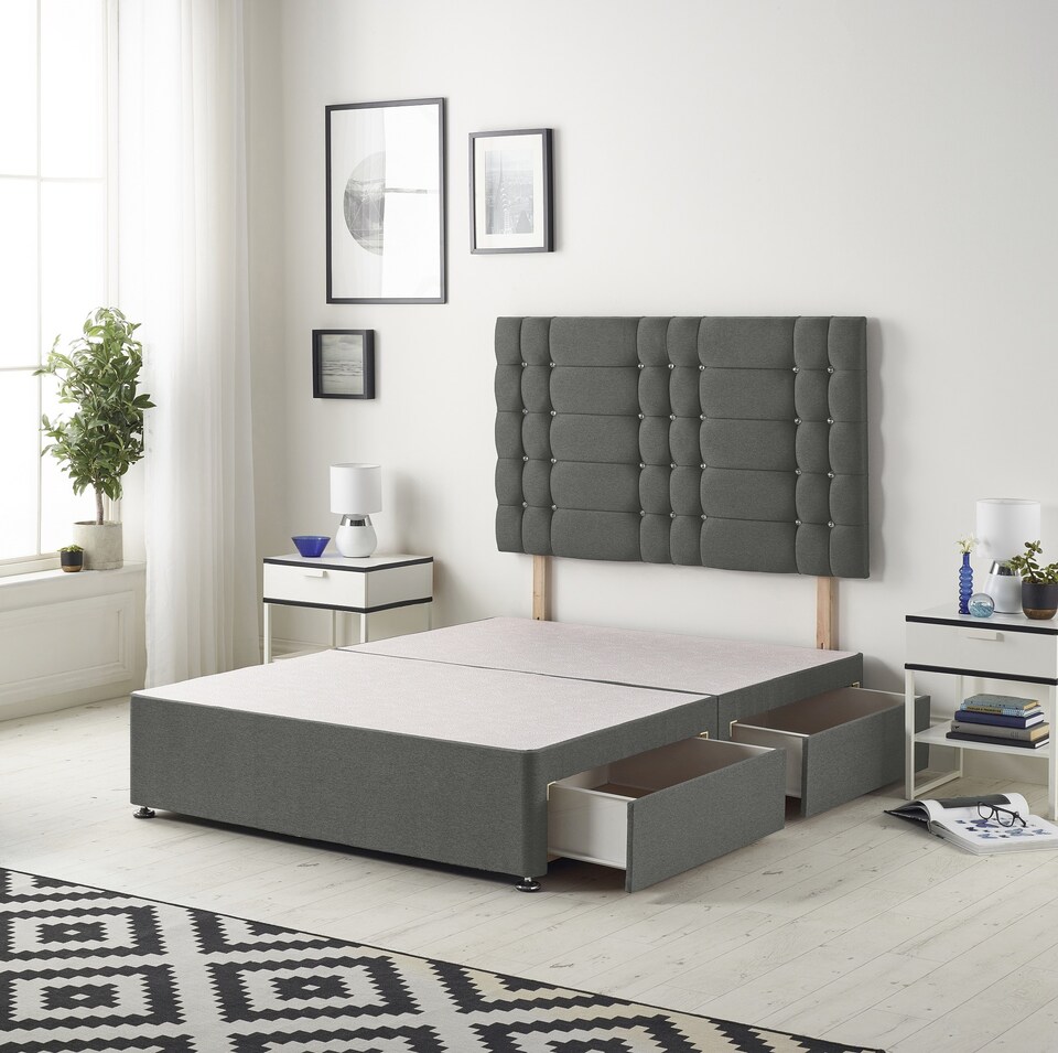 image 1 of Astoria Divan Bed Base with 2 Drawers & 30 Inch Diamante Headboard in Linen Fabric | Grey | Grey | Small Single