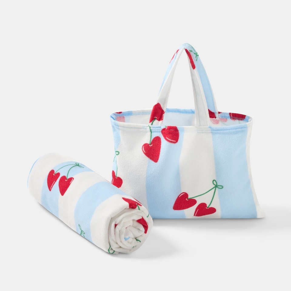 image 1 of OHS Print Beach Towel with Bag Quick Dry Absorbent Travel Spa | Blue | Heart Cherries | One size
